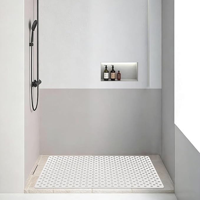 Square Shower Mat Non Slip, 27" x 27" Large Shower Mats for Inside Shower, Soft TPE Shower Floor Mat with Suction Cups and Big Drain Holes, Anti Slip Shower Stall Matt, White