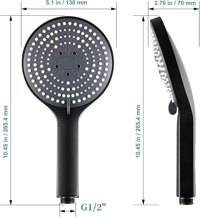 OFFO Matte Black Handheld Shower Head, 6-Mode High Pressure, 5" Large Face, Chrome Plated Finish, Includes Shower Head, Washers, Water Saving Gasket