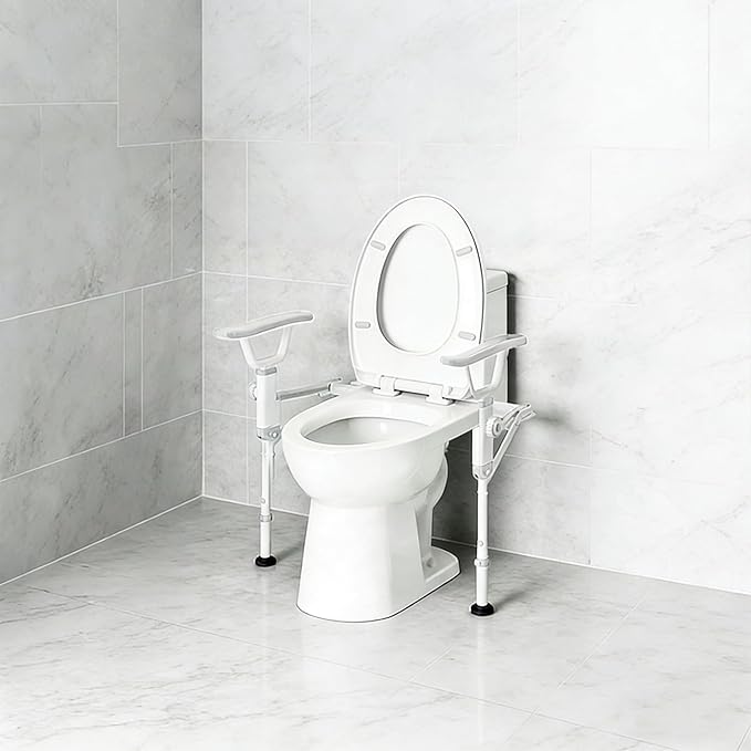 AbyssZen Folding Toilet Safety Rails - Adjustable Bathroom Support Frame with Foldable Arms for Elderly, Seniors, Post-Surgery Recovery, and Pregnant Women - Tool-Free Installation, Sturdy Grab Bar