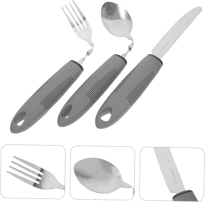LIFKOME 1Set Adaptive Utensils for Elderly Curved Handle Spoon and Fork Non Slip Design Easy to Use Tableware for Seniors for Weak Grip Rehabilitation