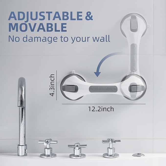 Shower Grab Bar Suction Cup 12 inch, 2 Pack Grab Bars for Bathtubs, Bathroom Safety Grip Shower Handle for Elderly and Seniors, Bath Handrails Removable Waterproof No Drilling Grey