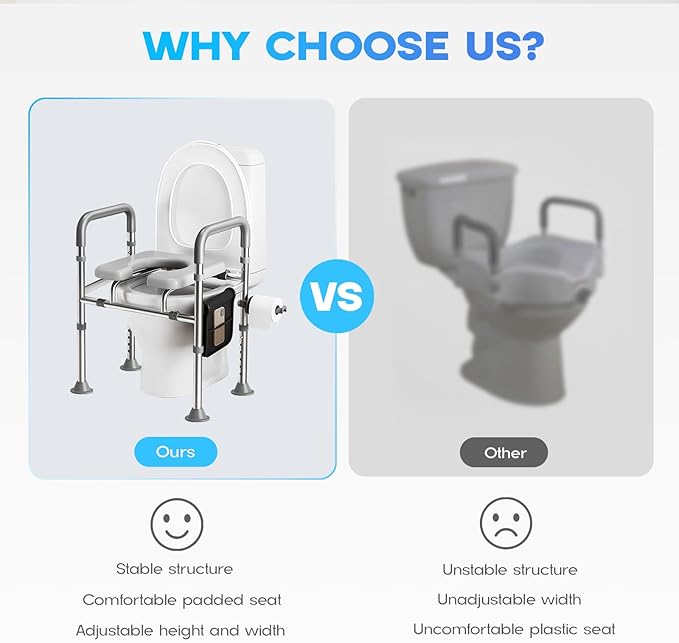 Raised Toilet Seat with Bedside Commode Function - 400LB Capacity, Adjustable Height & Width, Padded Armrests & Paper Holder, Silver | Stand Alone Commode Chair for Seniors & Disabled Adults