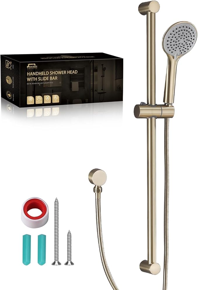 Handheld Shower Head with Adjustable 30-Inch Shower Slide Bar and 59-Inch Hose, 5-Function 3.2GPM High Pressure Handheld Shower Head with Drop Ell and Holder, Brushed Gold