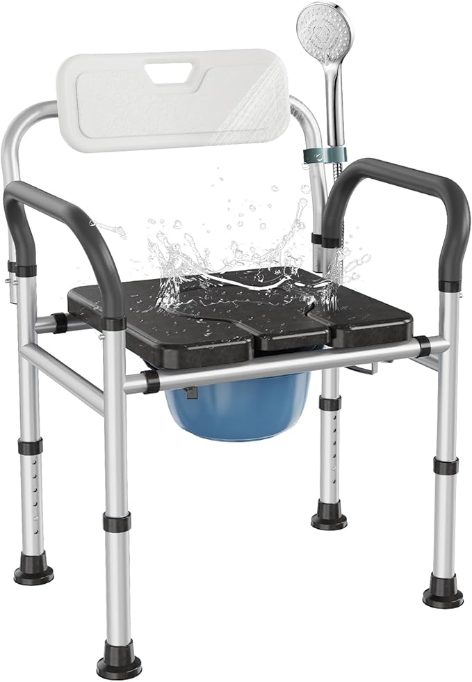 Heavy Duty Bedside Commode Chair with Adjustable Height, Raised Toilet Seat with Arms Handles and Back Support for Elderly, Portable Bedside Toilet with Bucket(Width 19.69")