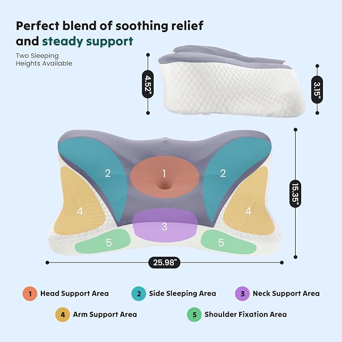 DUMOS Cervical Neck Pillow, Cooling Ergonomic Memory Foam Pillows for Neck Pain Relief with Breathable Pillowcase, Dual Height Orthopedic Support Contour Pillow for Side, Stomach Sleepers, Dark Grey