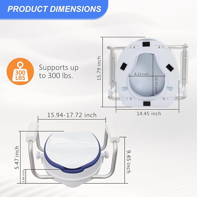 Raised Toilet Seat with Handles - Adds 5 Inch - Toilet Seat Risers for Seniors with Cushion - Supports 300 lbs - for 16'' Standard/Round Toilet - Includes Lid, Elevated Toilet Seat, Blue