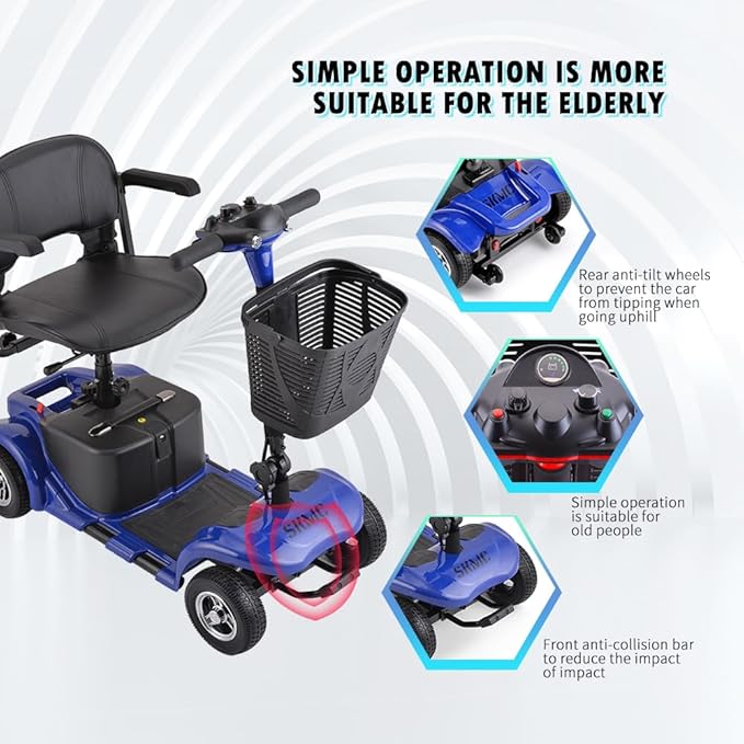 Mobility Scooter for Adults, Senior, 4 Wheels Electric Powered Chargeable Device for Travel, Lightweight Mobility Scooter, with LED Headlights and Basket, Charger Included