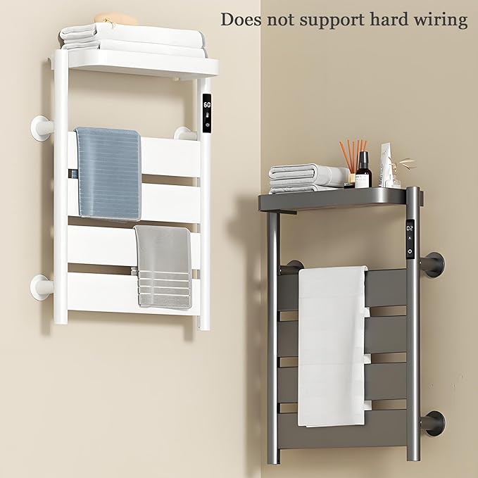 Towel Warmer Rack, Heated Towel Rack for Bathroom, Wall-Mounted Plug (Not Hardwired), Aluminum alloy/6 large area heating rods, With Timer and Temperature Adjustment, Overheat Protection Function Gray
