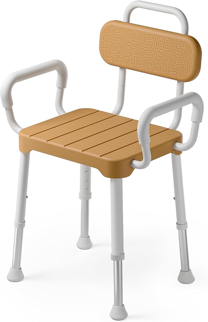 Loyoda Shower Chair for Inside Shower ,Bath Chair with Arms and Back,Aluminum Shower Stool for Tub,Slip Resistant Shower Bench,Height-Adjustable Shower Seat with Padded Handles for Seniors,Brown