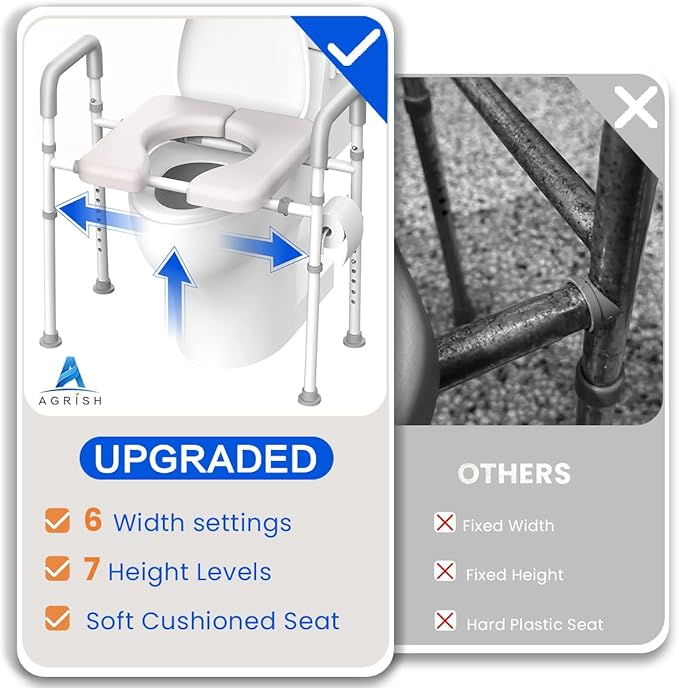 Raised Toilet Seat with Handles - Width & Height Adjustable Toilet Seat Risers for Seniors, Heavy Duty Handicap Toilet Riser, Fit Any Toilet, Up to 400lbs