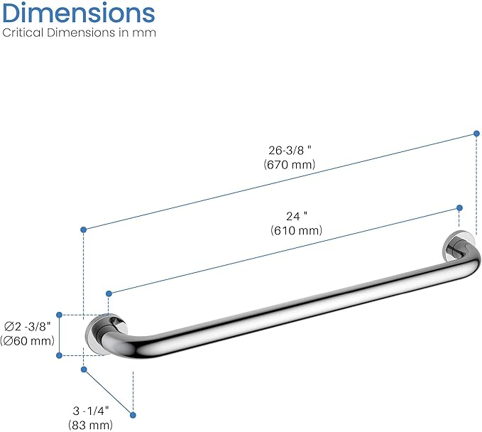 KIBI 24 Inch Curved Grab Bar for Bathroom Safety – Stainless Steel Anti-Slip Wall Mounted Support Rail for Showers, Tubs & Toilets, Senior Balance Aid, Rust-Resistant Chrome Finish