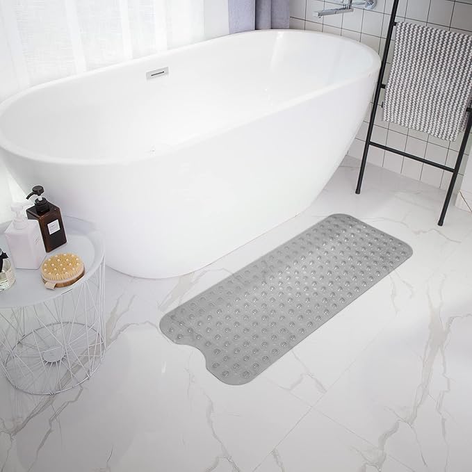 TEESHLY Bathtub Mats for Shower Tub, Extra Long Non-Slip 39 x 16 Inch Bath Mat with Drain Holes and Suction Cups, BathMat for Bathroom with Machine Washable (Clear Grey)