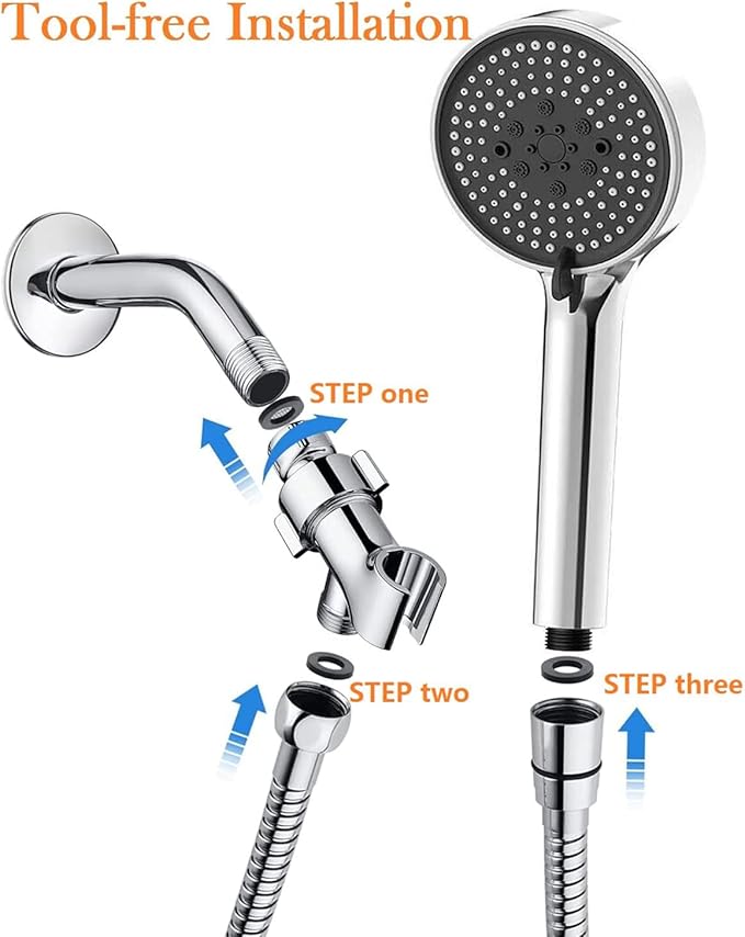 Handheld Shower Head, High Pressure Shower Head With 80" Hose And Adjustable Bracket, Anti-Clog Nozzles, 5 Spray Setting Showerhead, Chrome