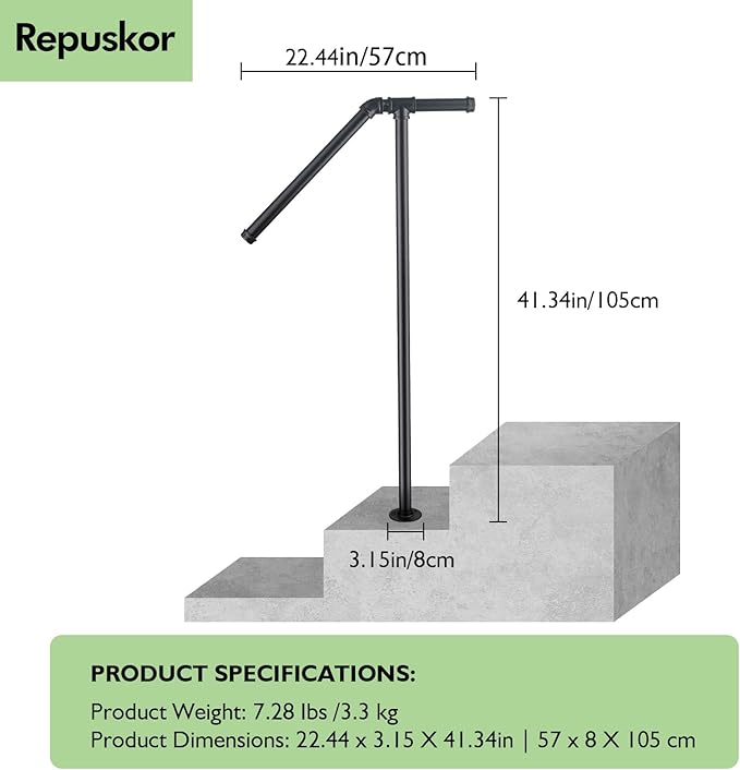 Single Post Handrail for Outdoor Steps - 41" Height Black Powder Coated Steel, DIY Tool Kit Included, Fits 1 or 2 Steps, Easy Installation & Corrosion Resistant