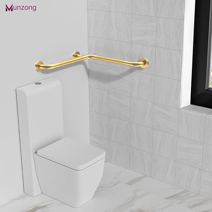 Shower Grab Bar, 16 Inch Angled Munzong Anti Slip Gold Bathroom Grab Bar, L-Shaped Knurled Balance Bar, Safety Hand Rail Support Injury Senior Assist Bath Handle Handicap Elderly