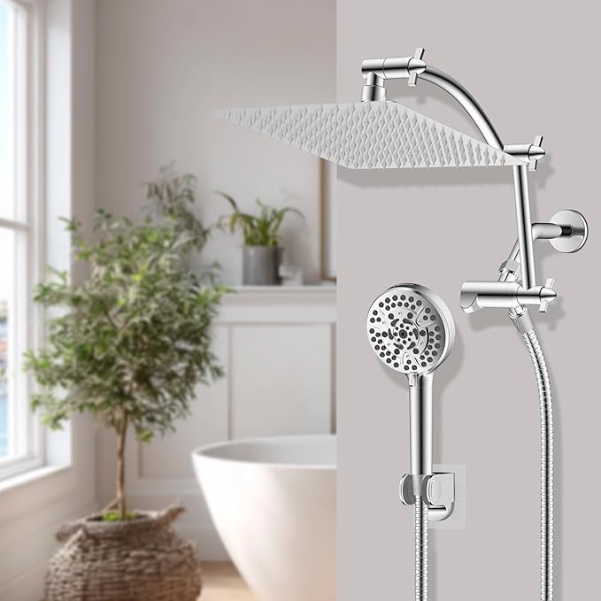 Hibbent All Metal cUPC Certified Shower Head, 12'' High Pressure Rainfall Shower Head, Handheld Showerhead Combo with 16'' Adjustable Extension Arm, 10 Sprays, 71'' Hose, Showerhead Holder, Chrome