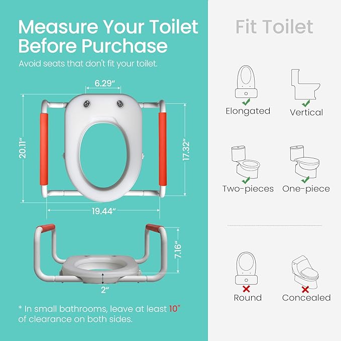 R&T Toilet Seat Riser 2" Raised Seat with Removable Padded Handles Fit for Elongated Toilets