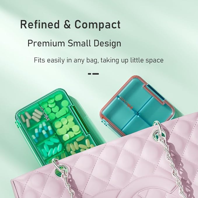 Small Pill Organizer, Waterproof & Portable Pill Case for Daily Travel - Adjustable 7 Compartments Compact Medicine Holder for Vitamins, Pills, Perfect for Purse or Pocket (Blue)