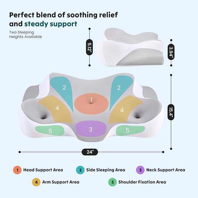 DUMOS Cervical Neck Pillow for Sleeping, Cooling Ergonomic Memory Foam Pillow with Arm Rest Slot and Ice Silk Pillowcase, Dual Height Orthopedic Support Contour for Side, Back, Stomach Sleepers