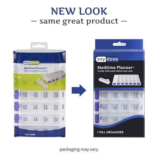 EZY DOSE Weekly (7-Day) Daily Pill Case, Medicine Planner, Vitamin Organizer Container, 4 Times a Day, Small Removable Compartments, Covenient and Easy to Use, Color May Vary, Clear Lids, BPA Free