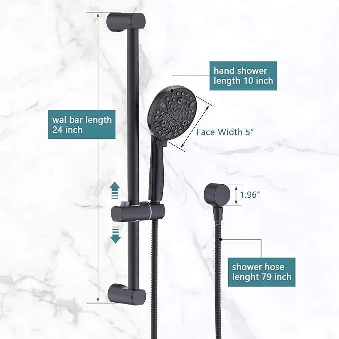 Hand Shower with Slide Bar, High Pressure 10 Setting Handheld Shower Head, Adjustable Height 24" Slide Bar, Wall Supply Elbow and 6.6ft Extra Long Shower Hose - Matte Black