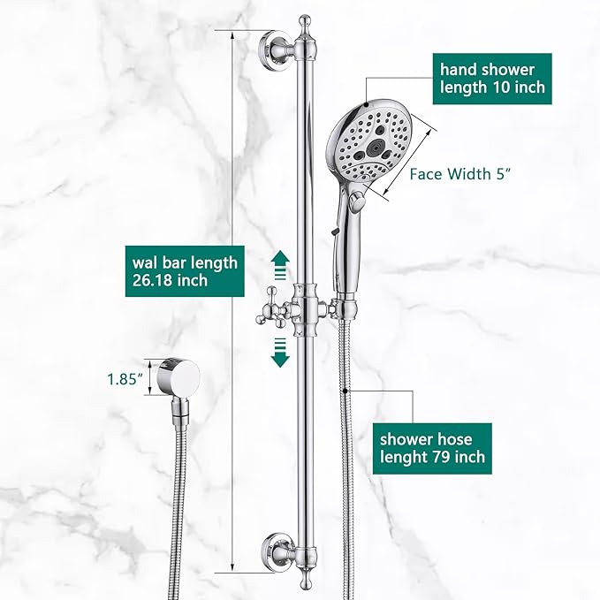 Handheld Shower Head with Slide Bar Combo, 6 Settings Handheld Shower with ON/OFF Pause Switch, Adjustable Height 27.5" Long Slide Bar, Round Wall Supply Elbow and 6.6ft Shower Hose, Chrome