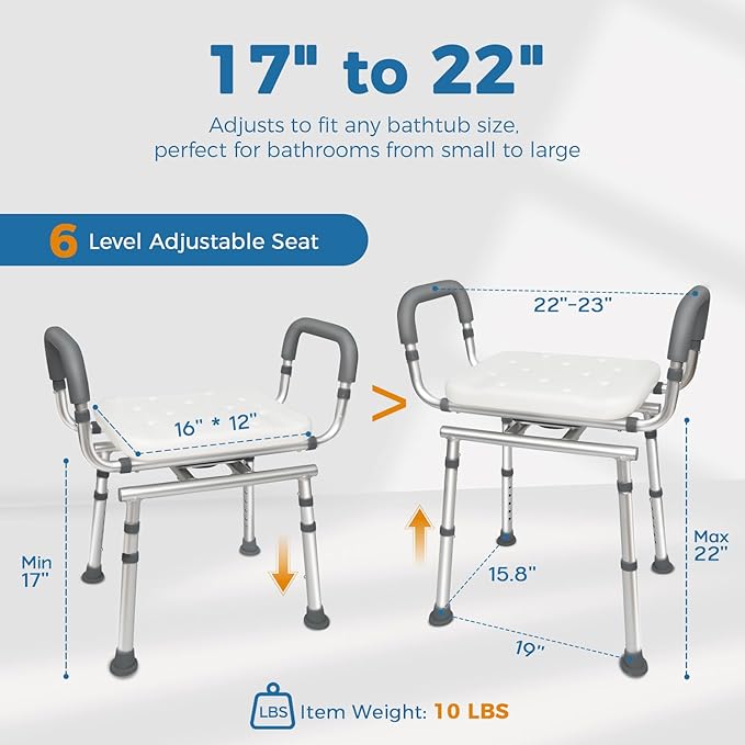 Swivel Shower Chair with Arms, Heavy Duty Shower Seat for Inside Shower Stall & Bathtub, Height Adjustable Safety Bath Seat for Elderly, Handicap, Disabled & Adults