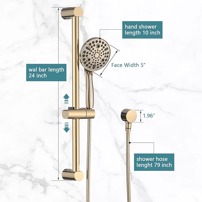 Hand Shower with Slide Bar, High Pressure 10 Setting Handheld Shower Head, Adjustable Height 24" Slide Bar, Wall Supply Elbow and 6.6ft Extra Long Shower Hose - Gold