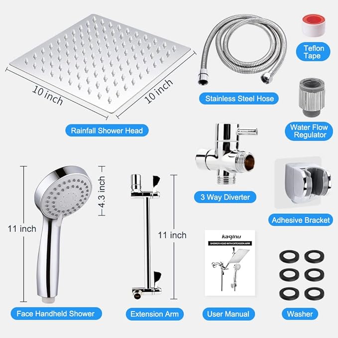 Shower Head, Kaqinu 10'' High Pressure Rainfall Shower Head/Handheld Showerhead Combo with 11” Extension Arm, Anti-leak Shower Head with Holder/Hose, Flow Regulator - Chrome