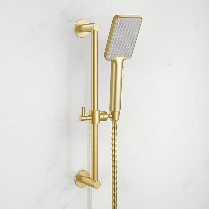 Shower Slide Bar Adjustable Handheld Shower Head Holder Wall Mount - 15inch All-Metal Shower Head Slide Bar Compatible with Bathroom Drill Free Glue Installation - Brushed Gold