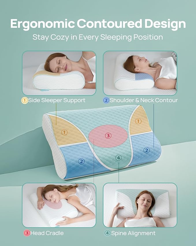 Releep Cervical Neck Pillow, Side Sleeper Pillow for Neck Pain Relief, Adjustable Contour Pillow for Sleeping, Ergonomic Memory Foam Pillow, Orthopedic Cooling Pillow Back Stomach Sleeping, Queen Size