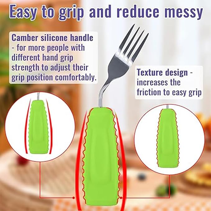 Adaptive Utensils,Weighted Angled Silverware,Parkinsons Aids,Curved Non-Slip Easy Grip Spoon and Fork Set for Tremors,Disabled,Handicap,Elderly,Arthritis (Left Hand,Pack of 2,Green)