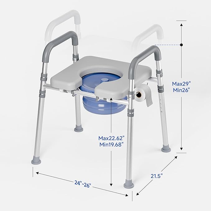 Loyoda Bedside Commode with Bucket for Seniors, Toilet Chair with Padded Handles & Seat, 400 LBS Bedside Toilet with Adjustable Height & Width for Pregnant, Disabled, Handicapped,(Gray)