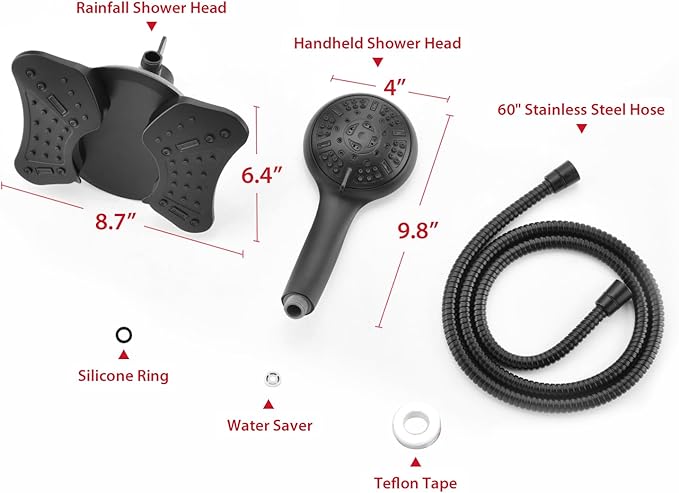 GRICH 2.5GPM Shower Head with Handheld Spray Combo: 2 in 1 Rainfall Shower Heads high pressure & Handheld Shower Head, 9 Spray Modes/Settings Detachable Shower Head with 60 Inch Hose, Black