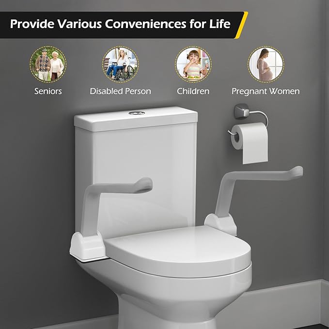 Dyna-Living Toilet Safety Rails 480lbs Load-Bearing Toilet Safety Frame with Flip Up Non-Slip Aluminum Alloy Armrest Toilet Assist Devices for Seniors Toilet Support Bars for Elderly Toilet Seat Rails