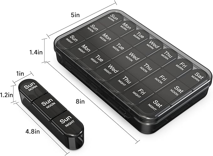Daviky Pill Organizer 3X a Day, Weekly Pill Box 7 Day, Travel Pill Case with Large Containers, Light-Proof Pill Case for Vitamins, Medication, Supplements and Fish Oils (Black)