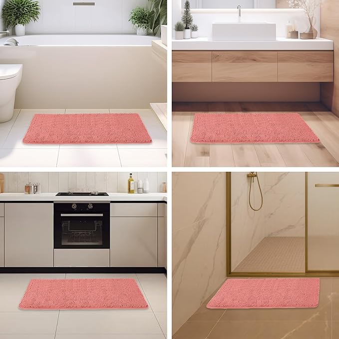 Coral Bathroom Rugs – Absorbent and Washable Bath Mat, Non-Slip, Thick Soft Chenille Bath Rugs for Bathroom Floor, Shower, Sink - 24" x 36"