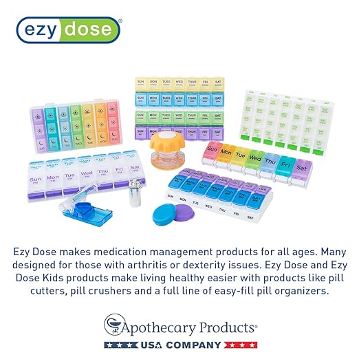 EZY DOSE 3 Compartment Pill Crusher, Cutter and Grinder, Daily Usage, Safely Cut Pills, Vitamins, Tablets, Accurate and Easy Cutting, Stainless Steel Blade, Removable Drinking Cup, Blue, BPA Free