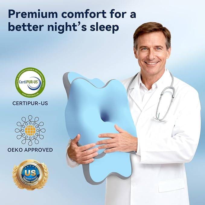 Sleep Apnea Pillow with Neck Pain & Snoring Relief -Orthopedic Cervical Pillow, Ergonomic Contour Memory Foam for Side, Back,Stomach Sleepers, Medium Firm (Blue,Queen Size)