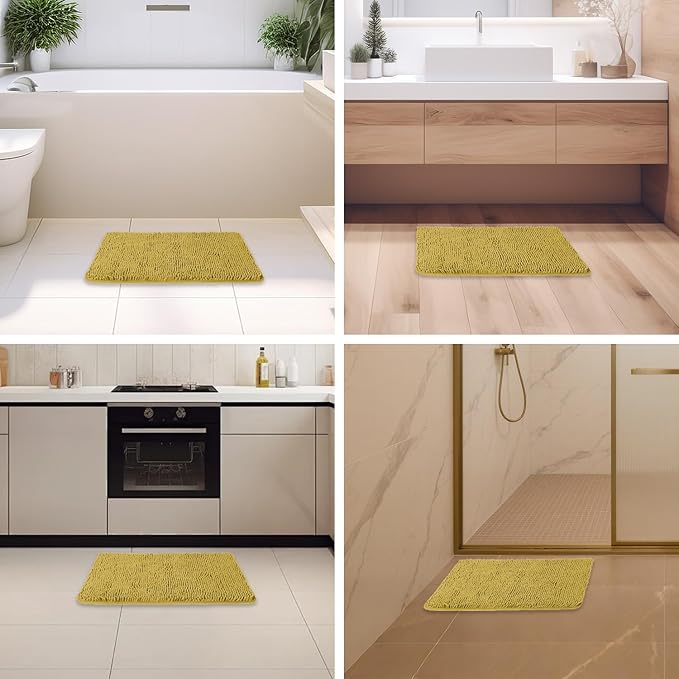 Mustard Bathroom Rugs – Absorbent and Washable Bath Mat, Non-Slip, Thick Soft Chenille Bath Rugs for Bathroom Floor, Shower, Sink - 17" x 24"
