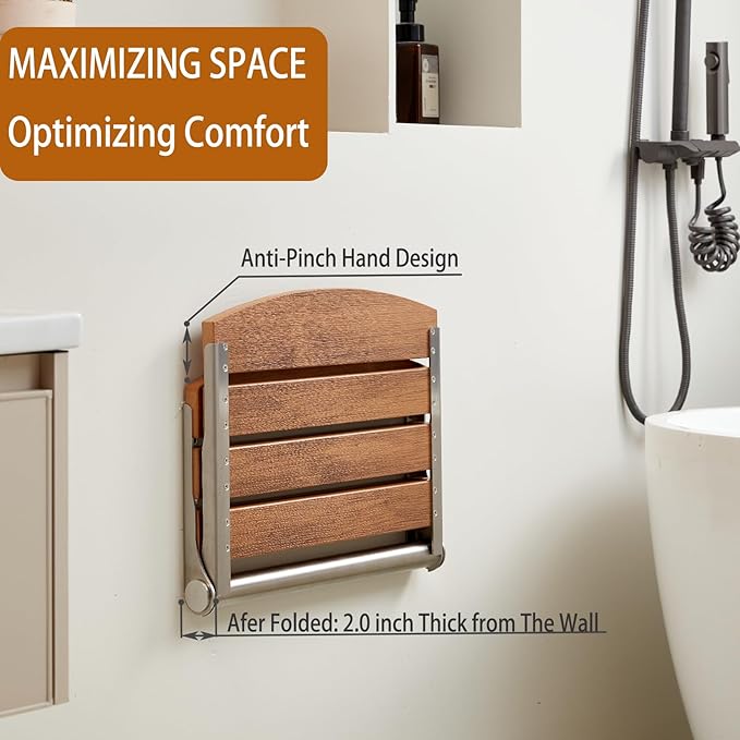 17.5" Folding Shower Seat Wall Mounted,Foldable Shower Bench,Fold Down Shower Seat,Folding Shower Seat Bench,Wall Mount Shower Seat Bench Chair (Teak)
