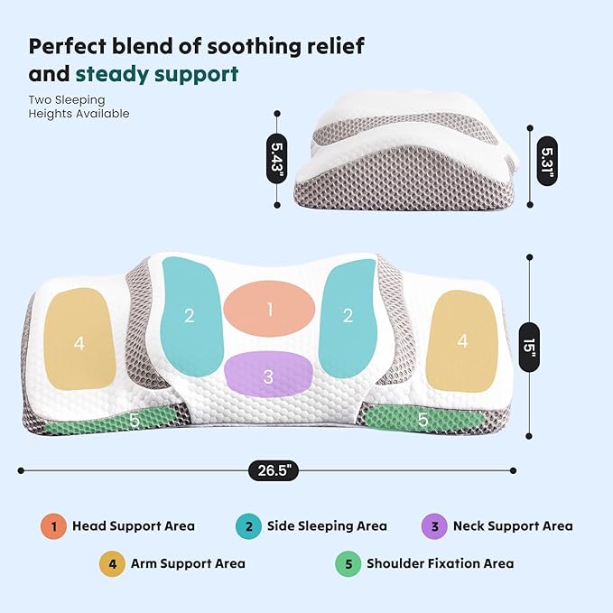 DUMOS Cervical Neck Pillow for Sleeping, Cooling Ergonomic Memory Foam Pillow with Arm Rest Slot and Ice Silk Pillowcase, Dual Height Orthopedic Support Contour for Side, Back, Stomach Sleepers