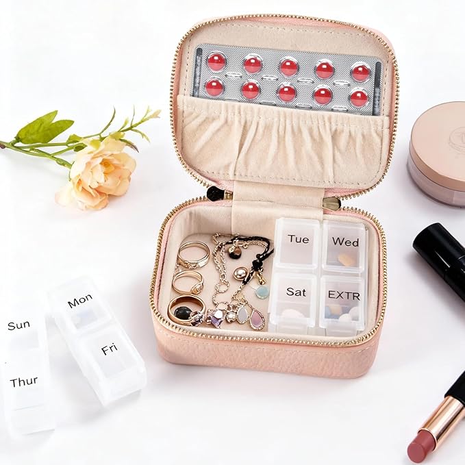 Weekly Pill Organizers Travel, Portable Pill Case with Removable Pill Sorter, Travel Pill Organizer 7 Day,Leather Vitamin Box, Pill Organizer Once a Day, Daily Pill Box Travel Case. (Pink)