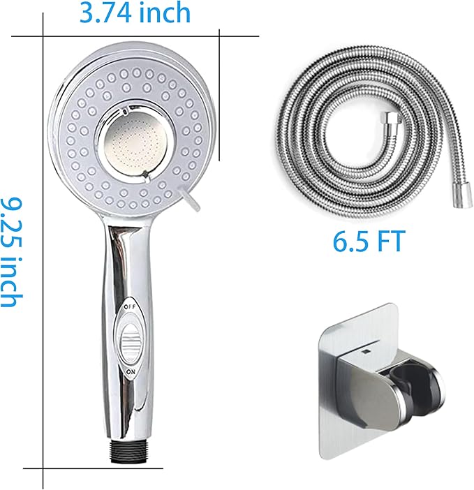 Handheld Shower Head with On/Off Switch - High Pressure 5 setting mode, Stainless Steel 6.5 ft extra long hose and Bathroom Kit Included, Universal Adapter Holder Mount for Wall,Chrome Finish