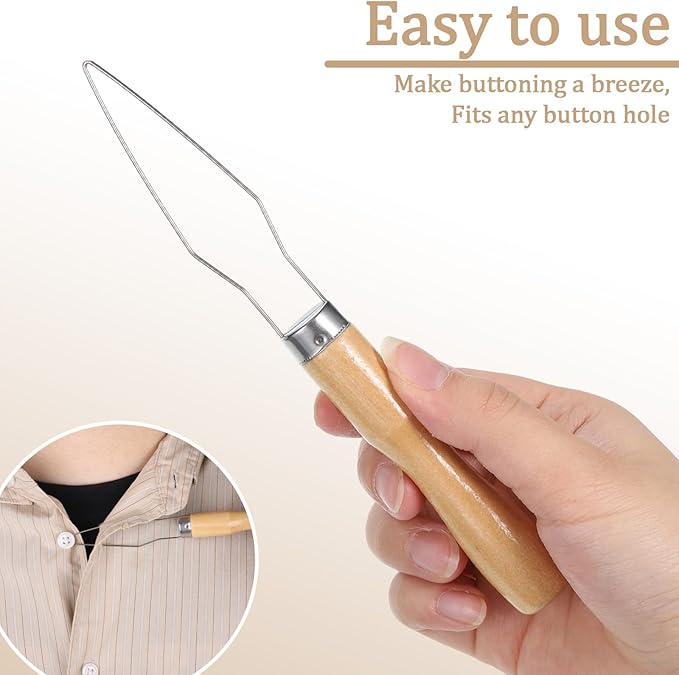 3Pcs Easy Button Hook Comfort Wide Grip Button Assist Device Buttons Helper Tool with Easy-Grip Wooden Handle Buttons Hook Assist Device for Limited Dexterity Caused