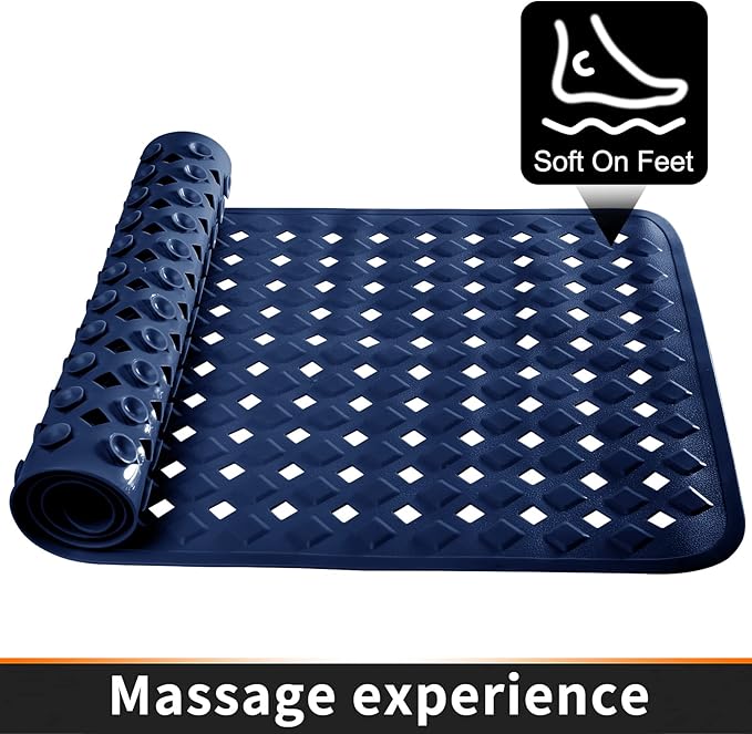 Yimobra Bathtub Mat Non Slip, Super Strong Suction Cups, 27.5"x15.5" Long Shower Mat with Drain Holes, Machine Washable Fast Draining Bath Mats, Bathroom Essentials,Navy Blue