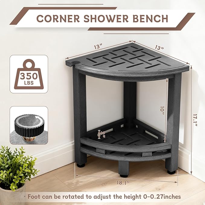 KALUMOON Corner Shower Stool, HDPE Waterproof Shower Bench for Inside Shower, Small Shower Chair Seat for Shaving Legs with Storage Shelf, Shower Head Holder, Adjustable Feet (Black)