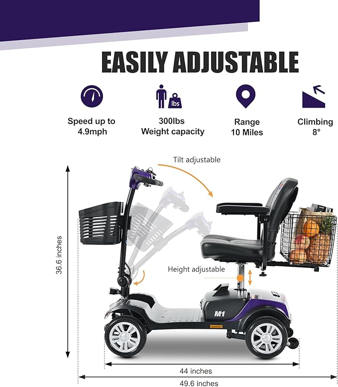 Metro Mobility 4 Wheel Folding Mobility Scooters for Seniors - 300 lbs Capacity Electric Scooter with Seat for Adults, Travel - Front & Rear LED Light - Purple