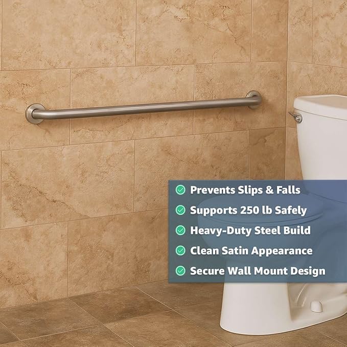 30″ Stainless Steel Restroom Grab Bar for Elderly – Heavy-Duty Wall Mounted Safety Handrail with Satin Finish, 250 lb Support, Bathroom, Toilet, Shower, Home & Commercial Use