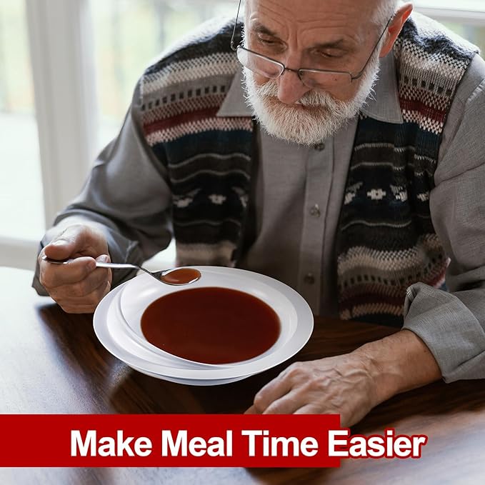 Hushee 2 Sets Adaptive Spill Proof Scoop Bowl and Plate Set with Suction Base Non Skid Self Feed Suction Dinnerware for Elderly Disabled Handicapped from Parkinsons Tremor (Red and White)